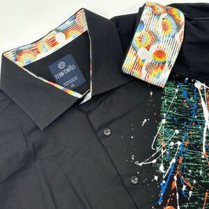 Marcello‎ XXL Mens Black Flip Cuff Button Up Shirt Abstract Paint Linen Blend
